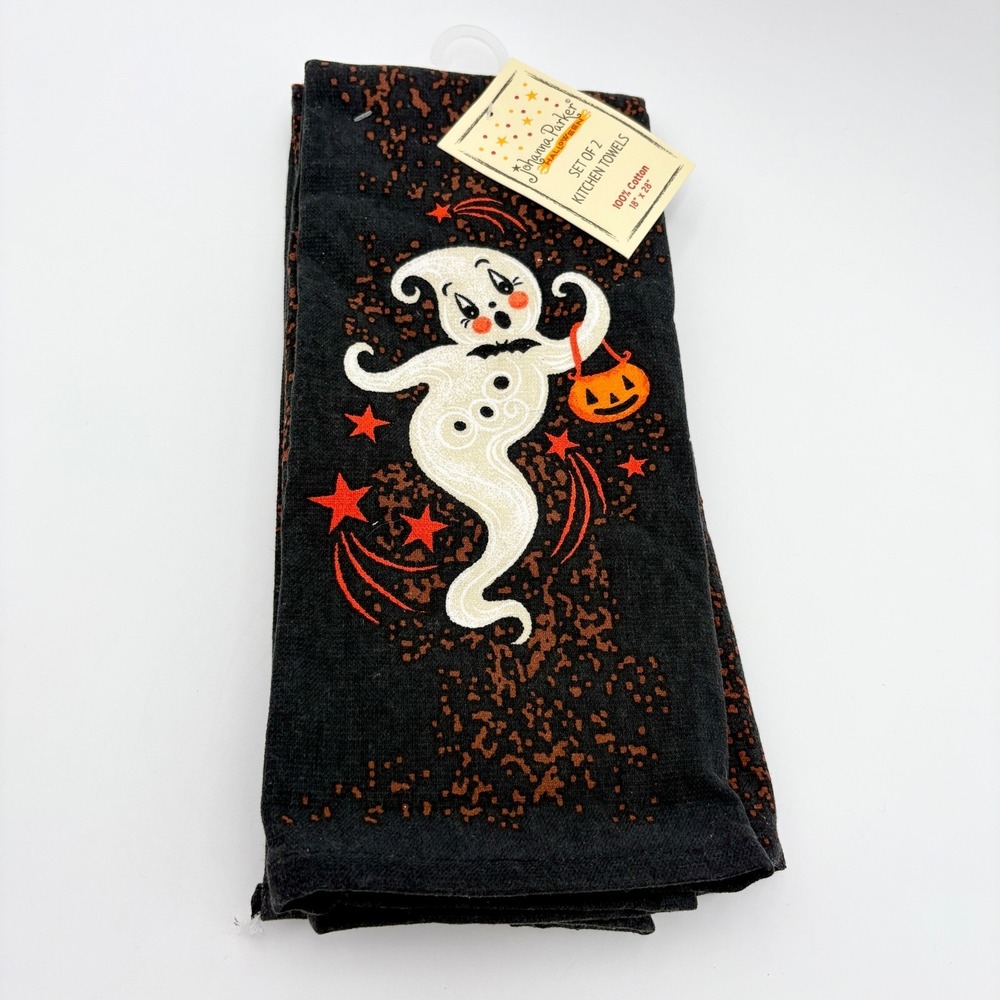 Johanna Parker Halloween Kitchen Towels Set Ghost Stars Black 18"x28"